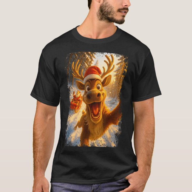 T-shirt Funny Reindeer Selfie Santa Merry Christmas Men Wo (Devant)
