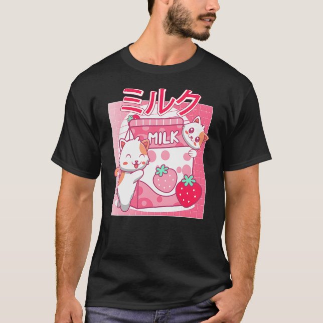 T-shirt Funny Retro 90s Kawaii Cat Strawberry Milk Japanes (Devant)