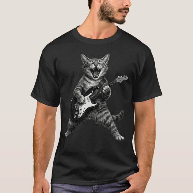 T-shirt Funny Rock and Roll Cat Playing Electric Guitar (Devant)