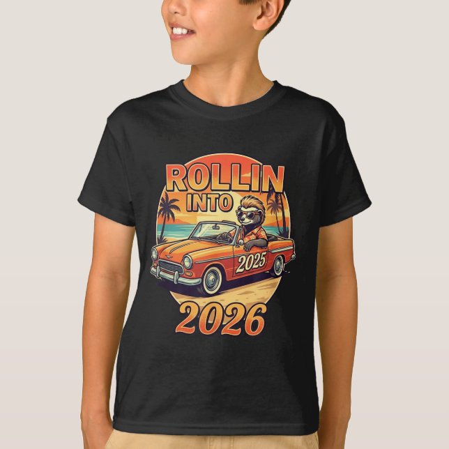 T-shirt Funny Rollin Into 2026 Retro Car Sunset Vibes Artw (Devant)
