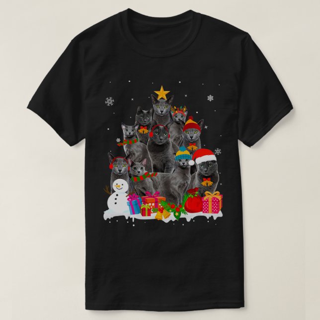 T-shirt Funny Russian Blue Christmas Tree Pet Cat Lover Gi (Design devant)