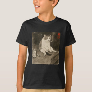 T-shirt Funny Sad Chat Fumer mème Sumi-e Kit d'art japonai