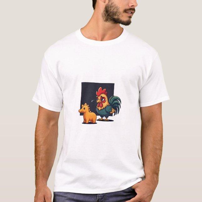 T-shirt Funny Sad Rooster Crying at Dinosaur Nugget (Devant)