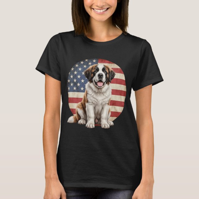 T-shirt Funny Saint Bernard Dog American Flag  (Devant)