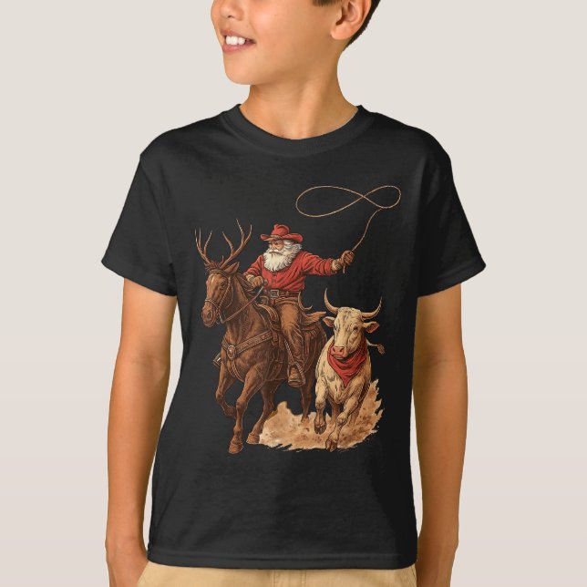 T-shirt Funny Santa Cowboy Rodeo Reindeer Western Horse Ro (Devant)