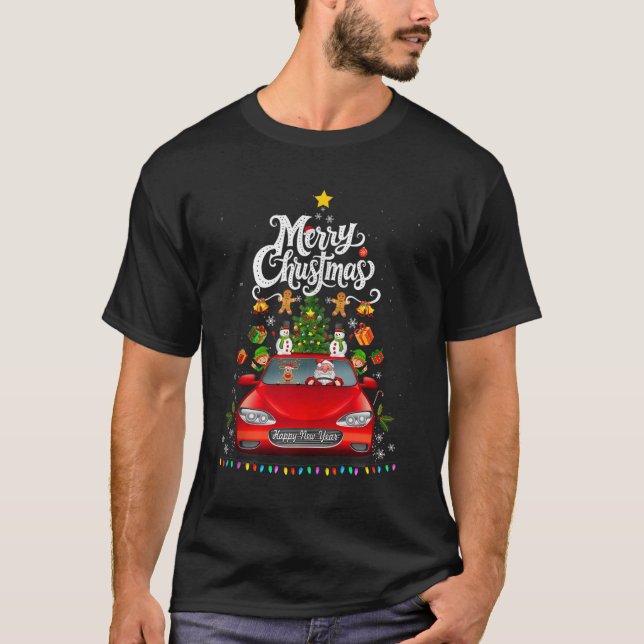 T-shirt Funny Santa Driving Wagon Red Truck Christmas Tree (Devant)
