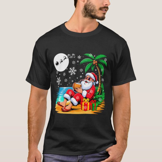 T-shirt Funny Santa Sungles Drinking Coconut On Beach Chri (Devant)