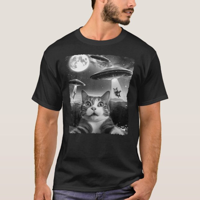 T-shirt Funny Scared Cat Selfie with Alien UFOs Gift Men W (Devant)