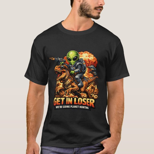 T-shirt Funny Sci-Fi Fantasy Meme Art, Alien Riding Dinosa (Devant)