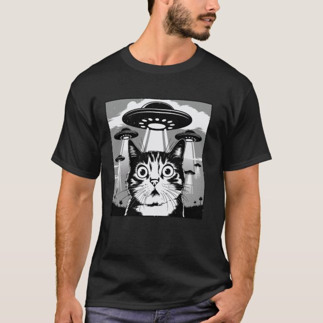 T-shirt Funny Sci-Fi, Shocked Cat Meme Alien Invasion, OVN (Devant)