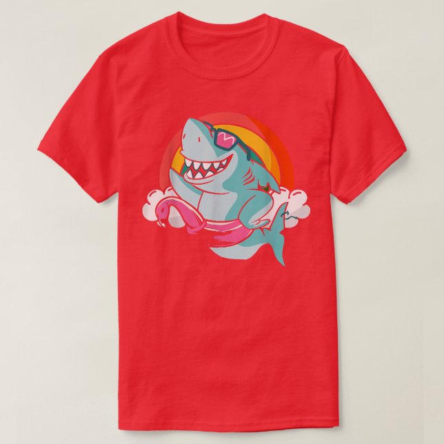 T-shirt Funny Shark with Flamingo Floating Hoop Rainbow Cl (Design devant)