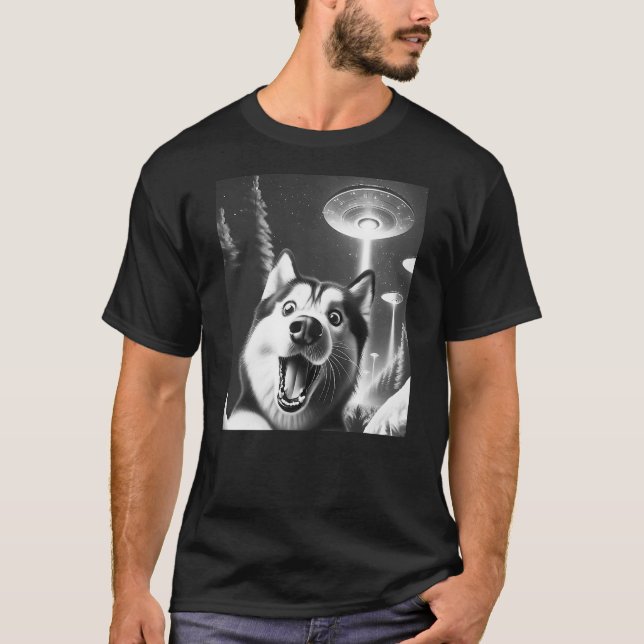 T-shirt Funny Siberian Husky Alien UFO Taking a Selfie Dog (Devant)