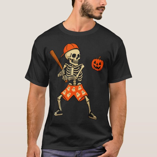T-shirt Funny Skeleton Baseball Batting Halloween Costume  (Devant)