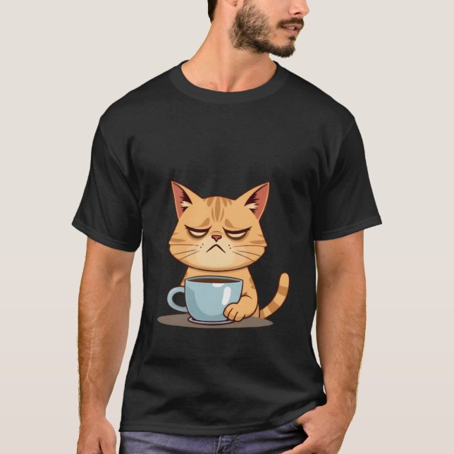 T-shirt Funny Sleepy Ginger Cat Needs Coffee Morning ✨🐾☕ (Devant)