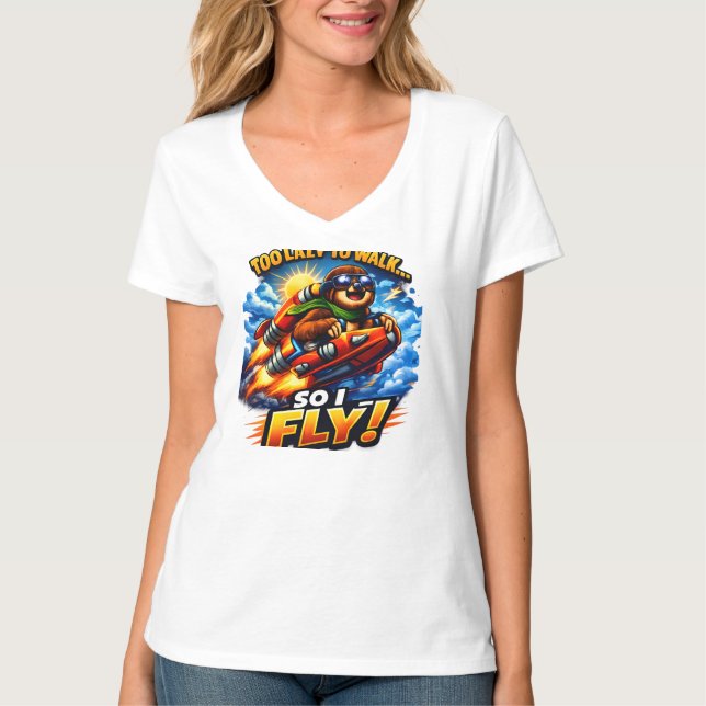 T-shirt Funny Sloth Rocket Meme, Too Lazy to Walk So I Fly (Devant)