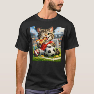 T-shirt Funny Soccer Cat Eating Pizza Cartoon Design