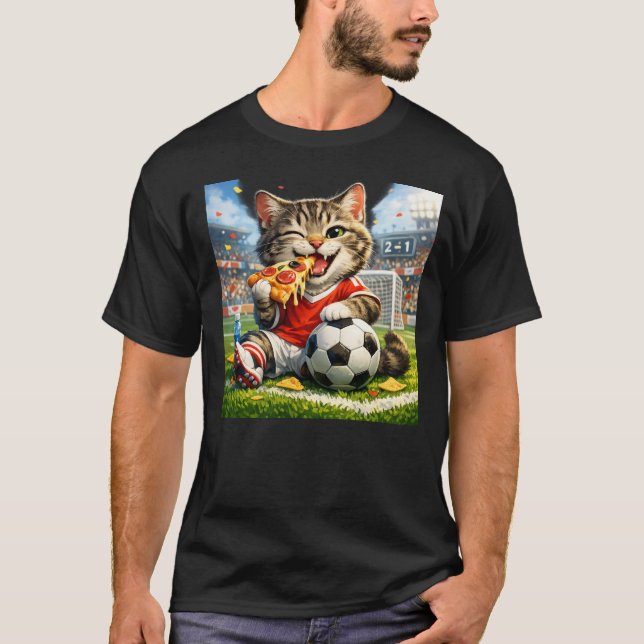 T-shirt Funny Soccer Cat Eating Pizza Cartoon Design (Devant)
