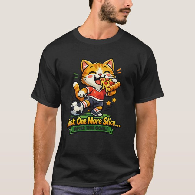 T-shirt Funny Soccer Cat Eating Pizza Cartoon Design (Devant)