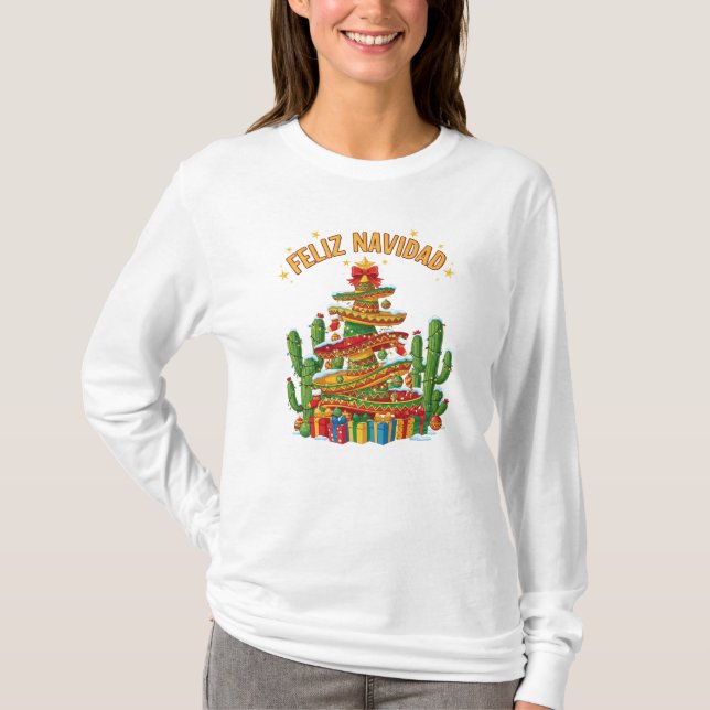 T-shirt Funny Sombrero Stack Christmas Tree Feliz Navidad (Devant)