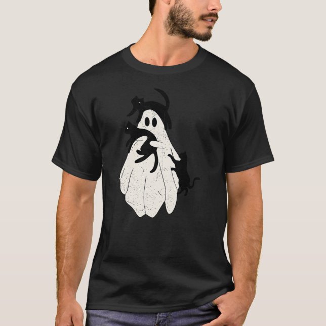 T-shirt Funny Spooky Ghost Hold Black Cat Halloween Men Wo (Devant)