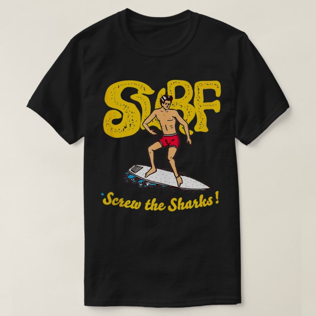 T-shirt Funny Surf avec Sharks Beach Dire Graphic (Design devant)