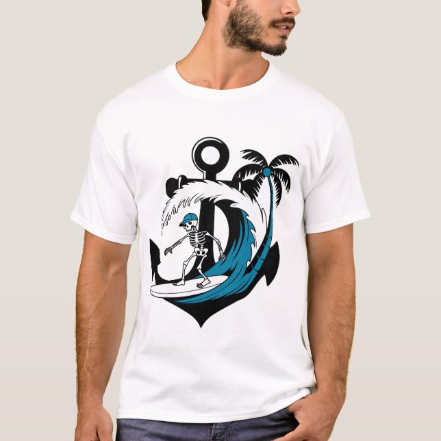 T-shirt Funny Surfing Skeleton Beach Vibes Summer Surf Tee (Devant)