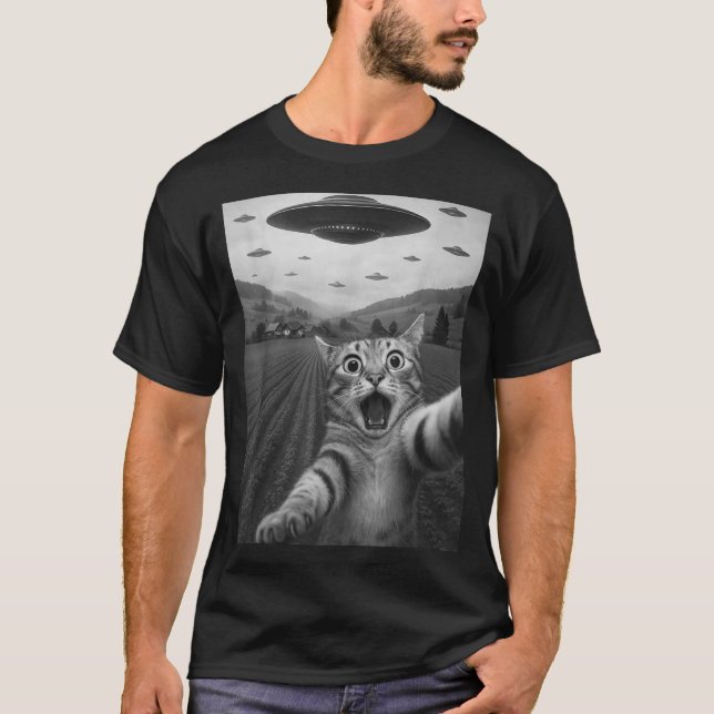T-shirt Funny Surprised Ed Cat Selfie With Alien Ufo Cat U (Devant)
