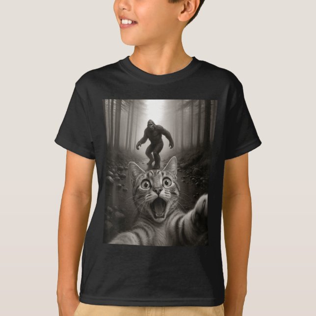 T-shirt Funny Surprised Ed Cat Selfie With Bigfoot Sasquat (Devant)