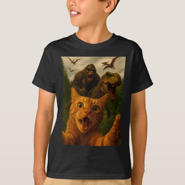 T-shirt Funny Surprised Ed Cat Selfie With Bigfoot T-rex  (Devant)