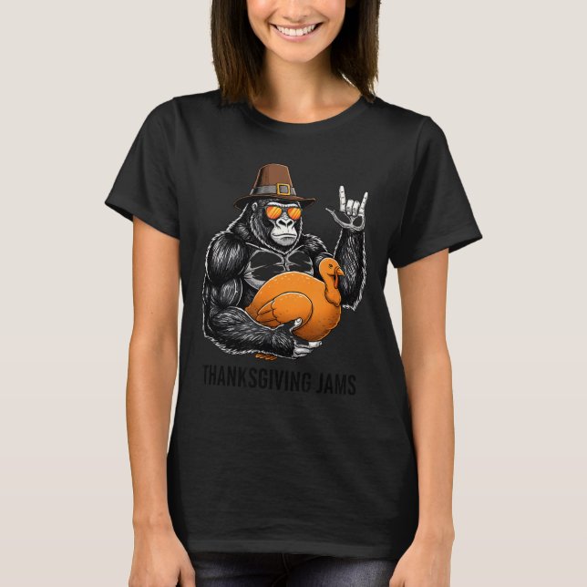 T-shirt Funny Thanksgiving Gorilla Holding Turkey Lgrim Ha (Devant)