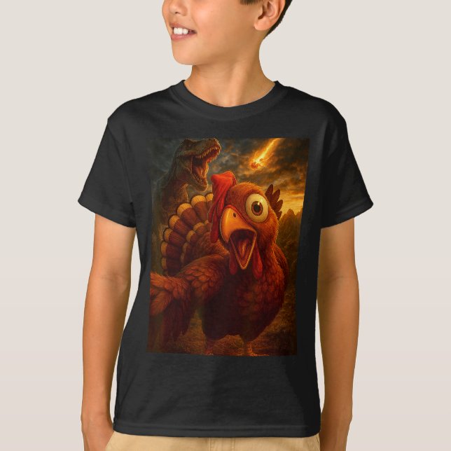 T-shirt Funny Turkey Selfie With Dinosaur And Meteor Acaly (Devant)