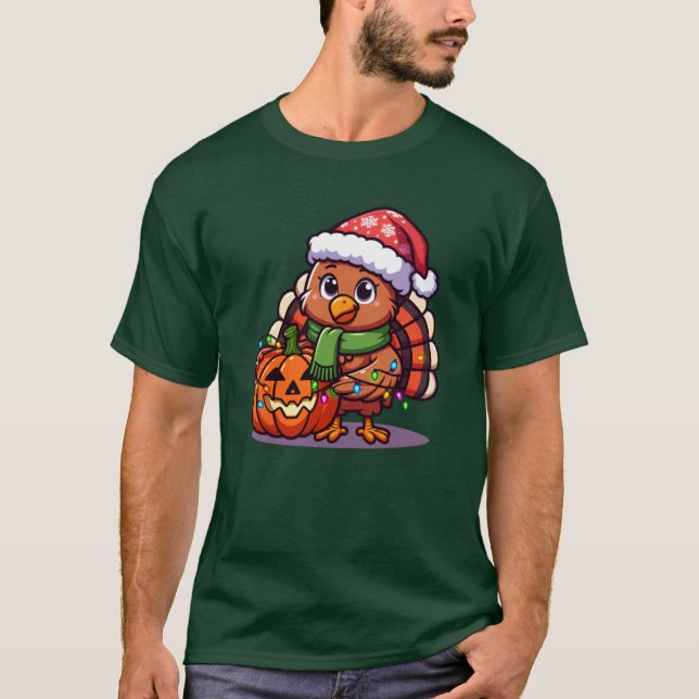 T-shirt Funny Turkey with Pumpkin Wrapped in Lights Thanks (Devant)