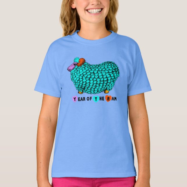 T-shirt Funny Turquoise Ram chinois Année Zodiac Girl Tee (Devant)