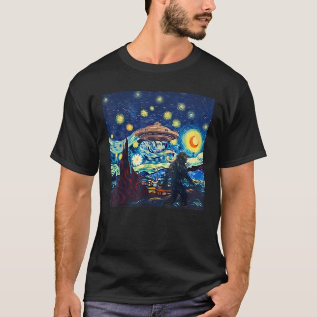 T-shirt Funny UFO Abduction Alien Bigfoot Moon Starry Nigh (Devant)