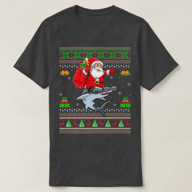 T-shirt Funny Ugly Xmas Santa Riding Hammerhead Shark Fish (Design devant)