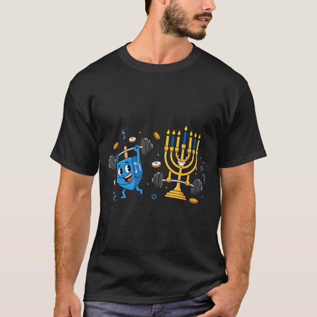 T-shirt Funny Weightlifting Gym Dreidel Menorah Hanukkah W (Devant)