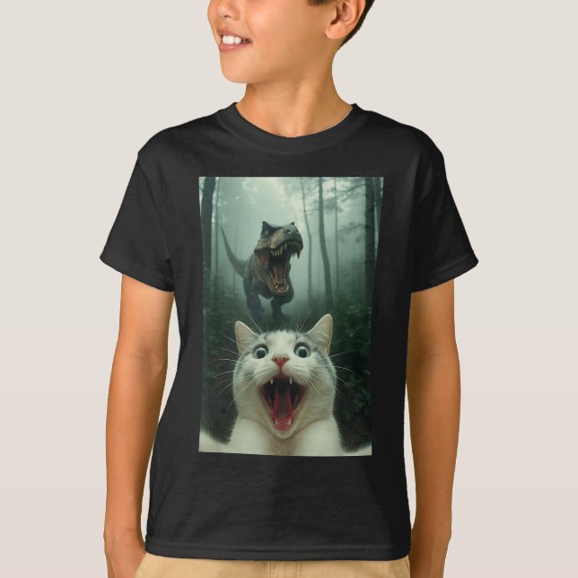 T-shirt Funny White Cat Selfie With T-rex Dinosaur, Cat Ki (Devant)