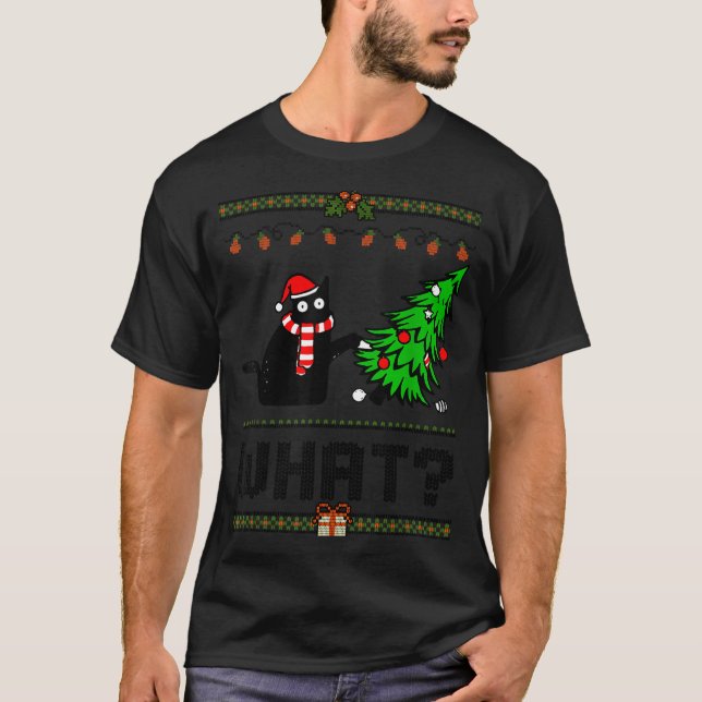 T-shirt Funny Xmas Black Cat Pushing Christmas Tree Over C (Devant)