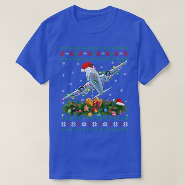 T-shirt Funny Xmas Éclairage Arbre Père Noël Avion laid Ch (Design devant)