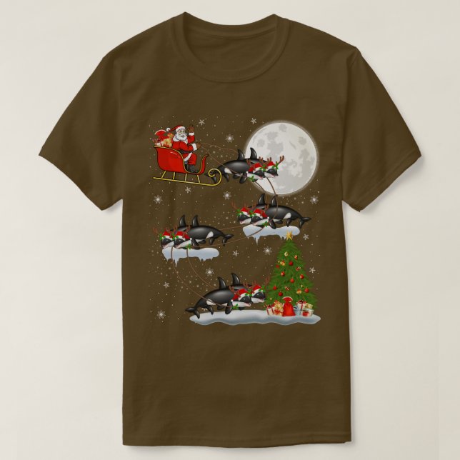 T-shirt Funny Xmas Éclairage Arbre Père Noël équitation Or (Design devant)