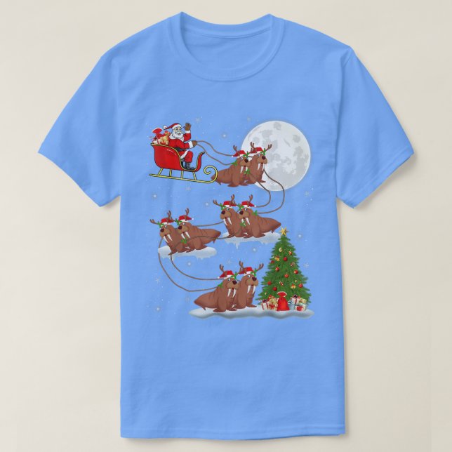 T-shirt Funny Xmas Lighting Tree Père Noël équitation Walr (Design devant)