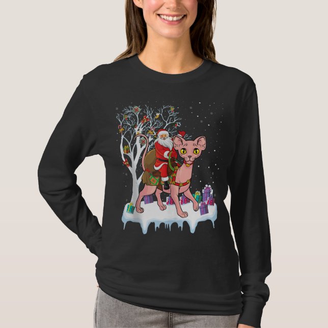T-shirt Funny Xmas Lighting Tree Père Noël Riding Sphynx C (Devant)