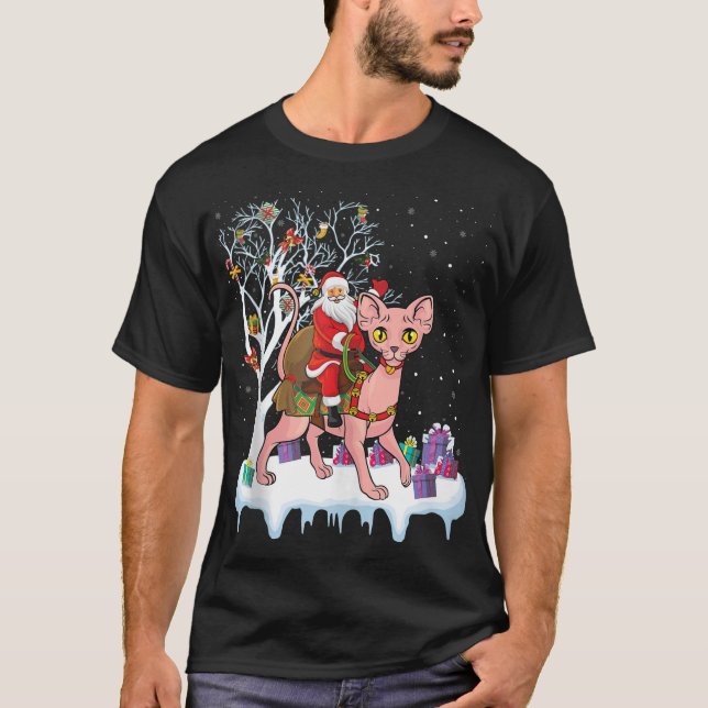T-shirt Funny Xmas Lighting Tree Père Noël Riding Sphynx C (Devant)