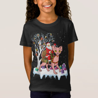 T-Shirt Funny Xmas Lighting Tree Père Noël Riding Sphynx C