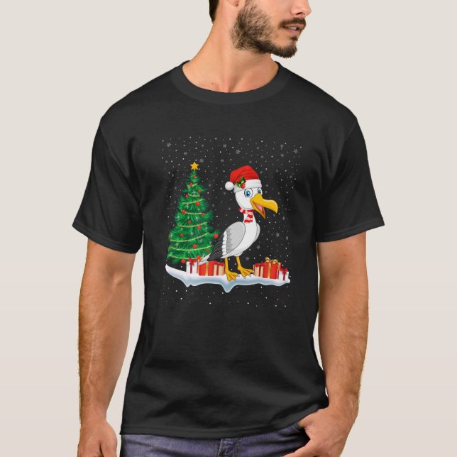 T-shirt Funny Xmas Lighting Tree Santa Hat Seagull Christm (Devant)