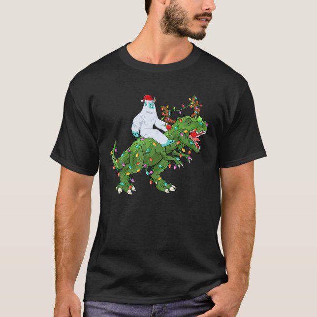 T-shirt Funny Xmas Lights Santa Yeti Riding Dinosaur Trex (Devant)