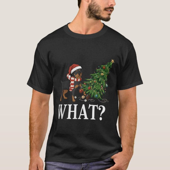 T-shirt Funny Xmas Rottweiler Poussant l'arbre de Noël (Devant)