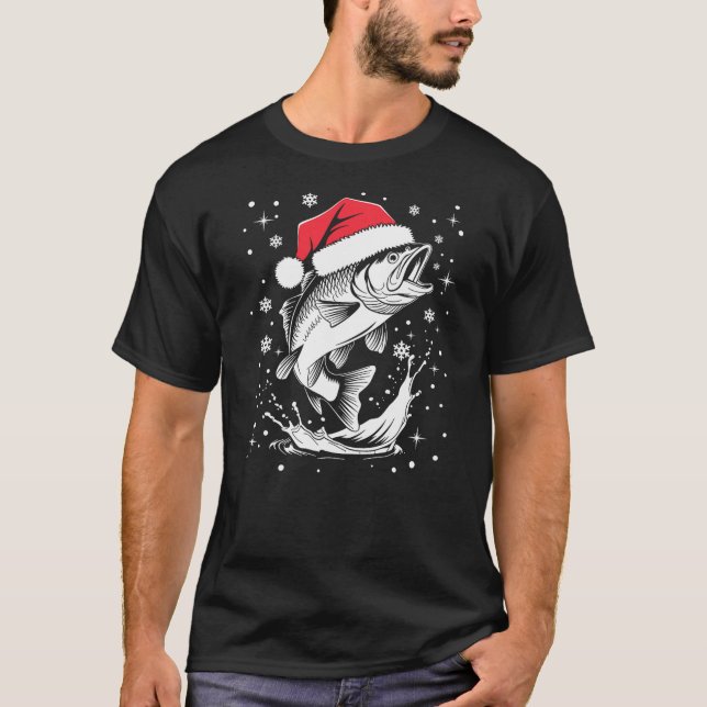 T-shirt Funny Xmas Santa Hat Fish Christmas Fishing (Devant)