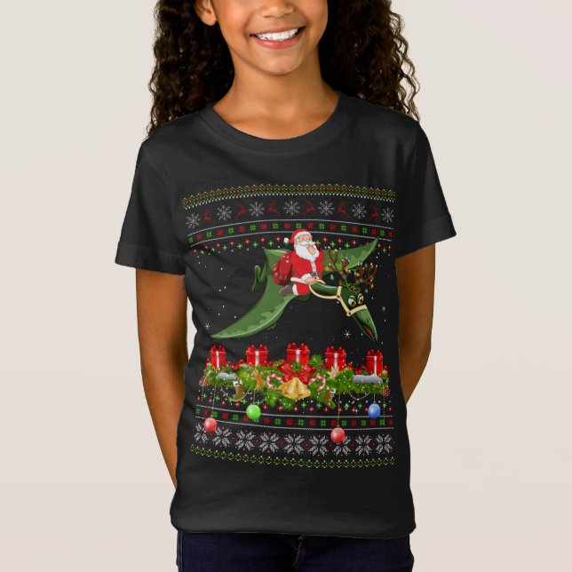 T-Shirt Funny Xmas Ugly Père Noël équitation Pterodactyl B (Devant)