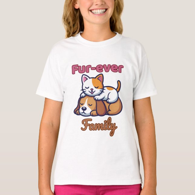 T-shirt Fur‑ever Family - Adorable Cat & Dog Design (Devant)